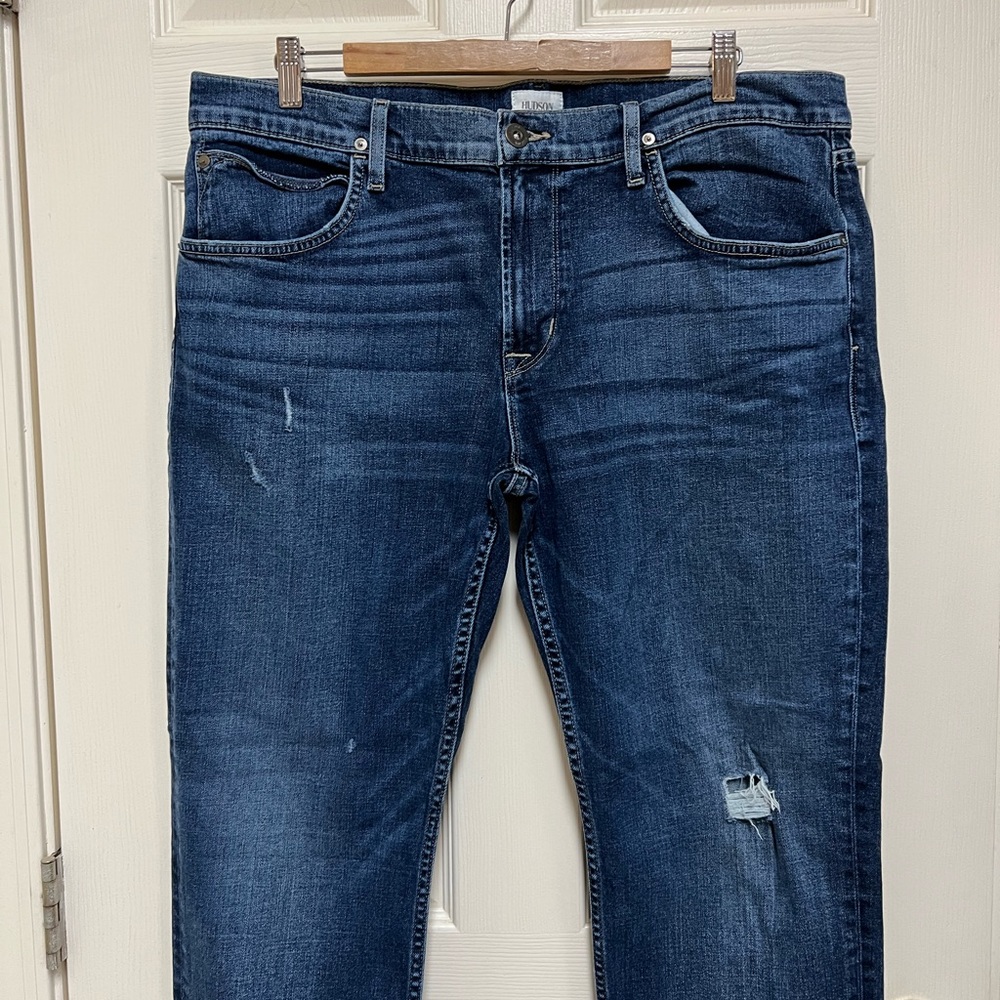 Hudson Distressed Blue Jeans in Excellent Used Condition.